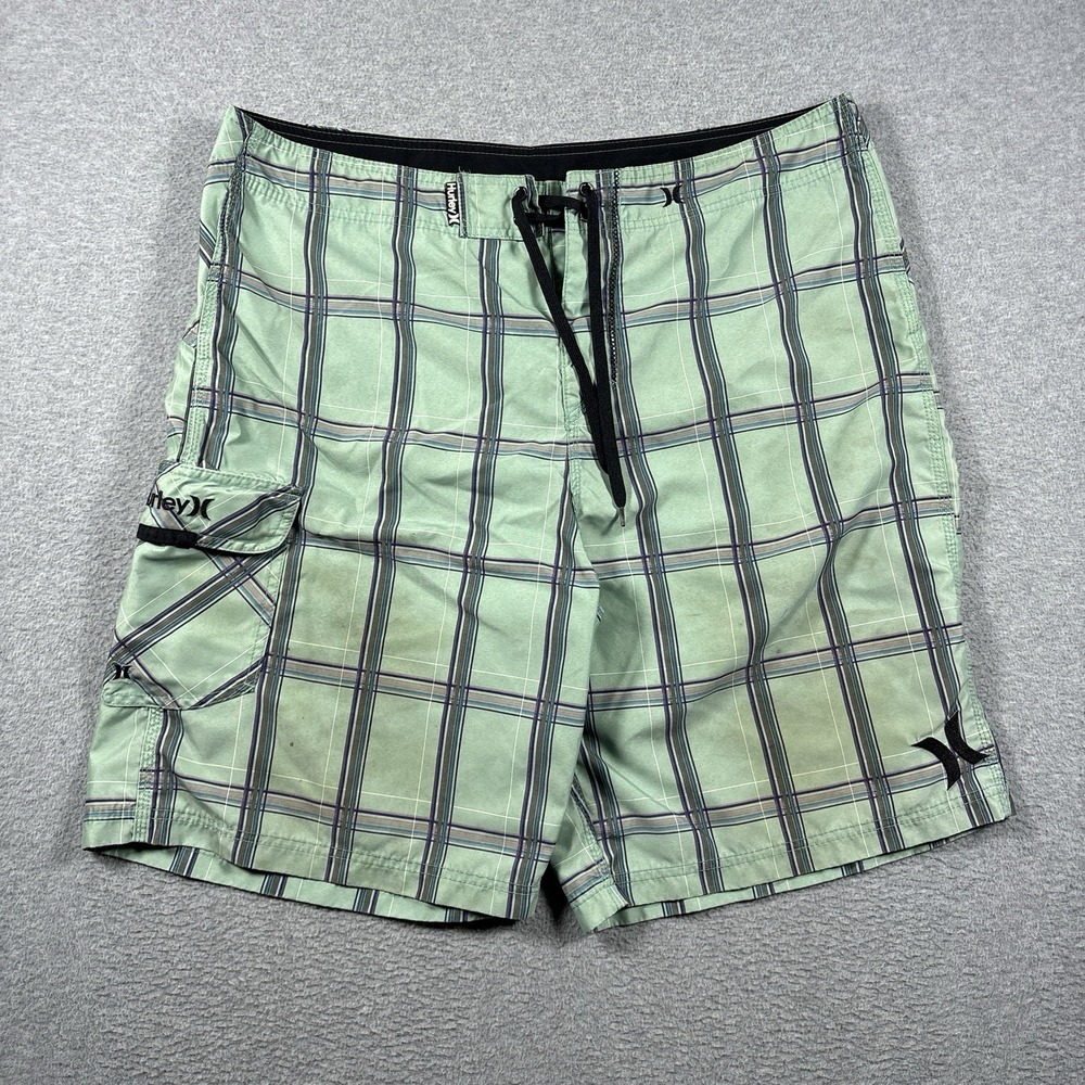 VTG 2000s Hurley Board Shorts Mens Plaid Swim Trunks Aqua Teal Cargo Surf Y2K 38